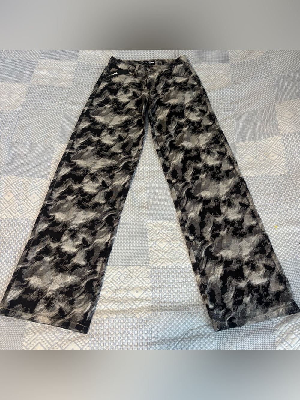Fashion Nova Black and Cream Marble Wide Leg Jeans